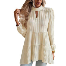 (L, apricot) Women's Cute Babydoll Peplum Tops Casual Loose Mock Neck Puff Long Sleeve Shirts Solid Color Fall Tunics Top Blouses Navy Blue XL