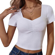 (S, White) Women Short Sleeve Sweetheart Neck Ruched Chest Slim-Fit Crop Top Summer Basic Solid Color Ribbed Knit Bodycon T-Shirt  White S