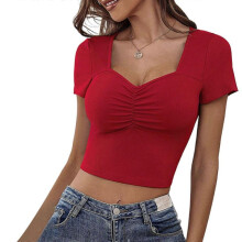 (M, Red) Women Short Sleeve Sweetheart Neck Ruched Chest Slim-Fit Crop Top Summer Basic Solid Color Ribbed Knit Bodycon T-Shirt  White S