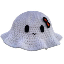(white ghost smiley f) Sweet Girls Crochet Bucket Hat Cute Ladies Halloween Pumpkin Fisherman Cap Woman Teenagers Casual Autumn Floppy Hat  white bear