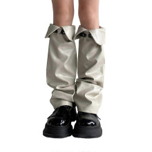(Beige) Women's Pu Leather Leg Warmers Girls 80s Harajuku Punk Gothic Knee High Leg Sover Socks Preppy Stockings Gothic Clothes  Light card