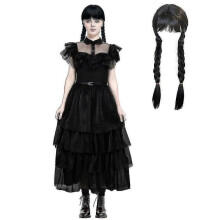 (XL, Dress and Wig) 2023 Wednesday Addams Costume For Adult Women Tulle Belt Gothic Costume Wigs