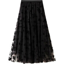 (One Size, A black) Womens Overlay Layered Tulle Skirt High Waisted A Line Midi Skirts Mesh Ffon Pleated With Flower Rat