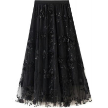 (One Size, B black) Womens Overlay Layered Tulle Skirt High Waisted A Line Midi Skirts Mesh Ffon Pleated With Flower Rat