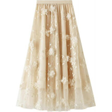 (One Size, B apricot) Womens Overlay Layered Tulle Skirt High Waisted A Line Midi Skirts Mesh Ffon Pleated With Flower Rat