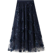 (One Size, B navy Blue) Womens Overlay Layered Tulle Skirt High Waisted A Line Midi Skirts Mesh Ffon Pleated With Flower Rat