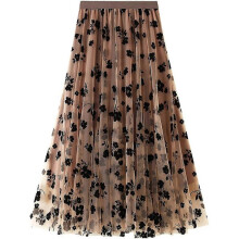 (One Size, A khaki) Womens Overlay Layered Tulle Skirt High Waisted A Line Midi Skirts Mesh Ffon Pleated With Flower Rat