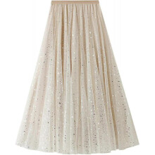 (One Size, C apricot) Womens Overlay Layered Tulle Skirt High Waisted A Line Midi Skirts Mesh Ffon Pleated With Flower Rat