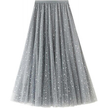 (One Size, C grey) Womens Overlay Layered Tulle Skirt High Waisted A Line Midi Skirts Mesh Ffon Pleated With Flower Rat