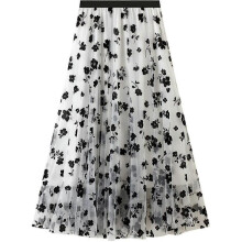 (One Size, A white) Womens Overlay Layered Tulle Skirt High Waisted A Line Midi Skirts Mesh Ffon Pleated With Flower Rat