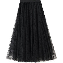 (One Size, F black) Womens Overlay Layered Tulle Skirt High Waisted A Line Midi Skirts Mesh Ffon Pleated With Flower Rat