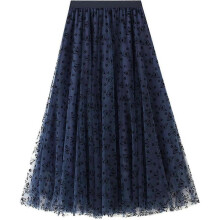 (One Size, F navy Blue) Womens Overlay Layered Tulle Skirt High Waisted A Line Midi Skirts Mesh Ffon Pleated With Flower Rat
