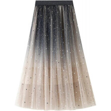 (One Size, E apricot) Womens Overlay Layered Tulle Skirt High Waisted A Line Midi Skirts Mesh Ffon Pleated With Flower Rat