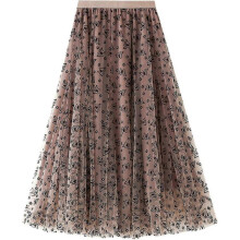(One Size, F khaki) Womens Overlay Layered Tulle Skirt High Waisted A Line Midi Skirts Mesh Ffon Pleated With Flower Rat