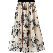 (One Size, G apricot) Womens Overlay Layered Tulle Skirt High Waisted A Line Midi Skirts Mesh Ffon Pleated With Flower Rat