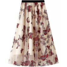 (One Size, G red) Womens Overlay Layered Tulle Skirt High Waisted A Line Midi Skirts Mesh Ffon Pleated With Flower Rat