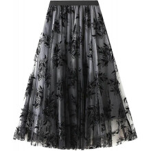 (One Size, K black) Womens Overlay Layered Tulle Skirt High Waisted A Line Midi Skirts Mesh Ffon Pleated With Flower Rat