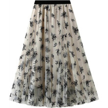 (One Size, J beige) Womens Overlay Layered Tulle Skirt High Waisted A Line Midi Skirts Mesh Ffon Pleated With Flower Rat