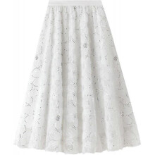 (One Size, L white) Womens Overlay Layered Tulle Skirt High Waisted A Line Midi Skirts Mesh Ffon Pleated With Flower Rat