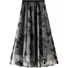 (One Size, G grey) Womens Overlay Layered Tulle Skirt High Waisted A Line Midi Skirts Mesh Ffon Pleated With Flower Rat
