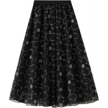 (One Size, L black) Womens Overlay Layered Tulle Skirt High Waisted A Line Midi Skirts Mesh Ffon Pleated With Flower Rat