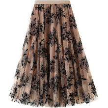 (One Size, K coffee) Womens Overlay Layered Tulle Skirt High Waisted A Line Midi Skirts Mesh Ffon Pleated With Flower Rat
