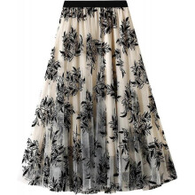 (One Size, K beige) Womens Overlay Layered Tulle Skirt High Waisted A Line Midi Skirts Mesh Ffon Pleated With Flower Rat
