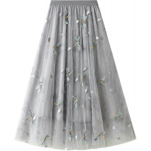 (One Size, M grey) Womens Overlay Layered Tulle Skirt High Waisted A Line Midi Skirts Mesh Ffon Pleated With Flower Rat