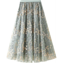(One Size, N green) Womens Overlay Layered Tulle Skirt High Waisted A Line Midi Skirts Mesh Ffon Pleated With Flower Rat