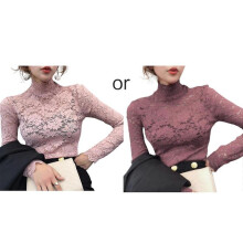 (L,Pink)Women Autumn See Through Floral Lace Shirts Long Sleeve Turtleneck Hollow Out Mesh Blouse Casual Slim Fitted Basic Bottoming Tee Tops XL Red