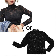 (L,Black)Women Autumn See Through Floral Lace Shirts Long Sleeve Turtleneck Hollow Out Mesh Blouse Casual Slim Fitted Basic Bottoming Tee Tops XL Red