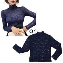 (XL,Red)Women Autumn See Through Floral Lace Shirts Long Sleeve Turtleneck Hollow Out Mesh Blouse Casual Slim Fitted Basic Bottoming Tee Tops XL Red