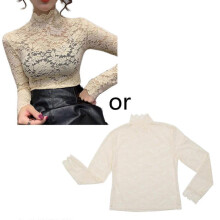 (XL, 2) Women Autumn See Through Floral Lace Shirts Long Sleeve Turtleneck Hollow Out Mesh Blouse Casual Slim Fitted Basic Bottoming Tee Tops  XL Red