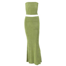 (M, Green) Women's 2 Piece Dress Strapless Tube Tops Maxi Skirt Set Summer Casual Bodycon Maxi Dress Two Piece Vacation Outfits  rose Red S