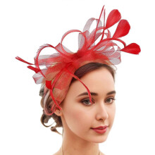 (Red) Handcraft Feathered Fascinator Hat Hair Styling Accessory With Mesh Design For Bridal Shower Special Occasion Headpiece  Wine red