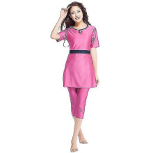 (S, Rose Red) Womens Modest Swimwear Swimsuit Short Sleeve Bathing Suits Sets