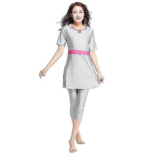 (2XL, Silver Gray) Womens Modest Swimwear Swimsuit Short Sleeve Bathing Suits Sets