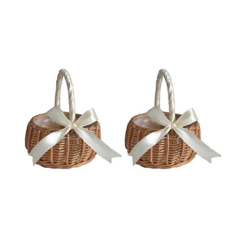 2pcs Woven Stora Basket Flower Hand Basket with Bow,s