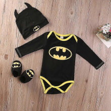 (18-24 Months, Black Batman B) New Infant Romper Playsuit Shoes Hat Set Outfit