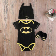 (6-12 Months, Black Batman A) New Infant Romper Playsuit Shoes Hat Set Outfit
