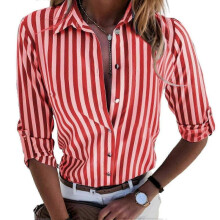 (XL, Red) Women's print blouse long sleeve striped shirt