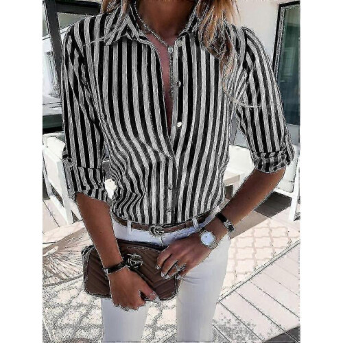 (L, Black) Women's print blouse long sleeve striped shirt 1