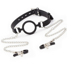 Ball Gag Extreme Adjustable 3.8 Cm Ring Diameter With Chain And Nipple Clip For BDSM Restraint System