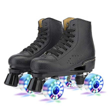 Roller Skates Unisex High-Top PU Leather Four-Wheel, Shiny Black, Size 35