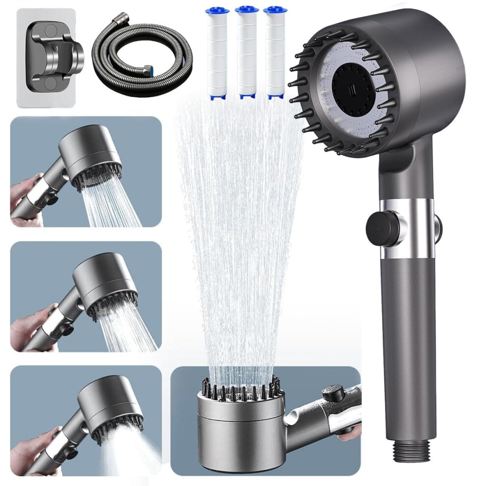 High Pressure Shower Heads With 1.5M Hose And Stand 4-Mode Filter Pause Switch Handheld Massage Grey Chlorine Removal 9393856221653