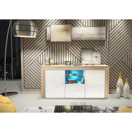 Creative Furniture Aurora 145cm Sideboard LED - Oak & White Gloss Doors 1