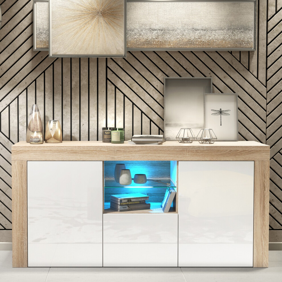Creative Furniture Aurora 145Cm Sideboard Led - Oak & White Gloss Doors