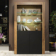Spectrum 170cm Display Cabinet LED - Oak & Black Matt Doors