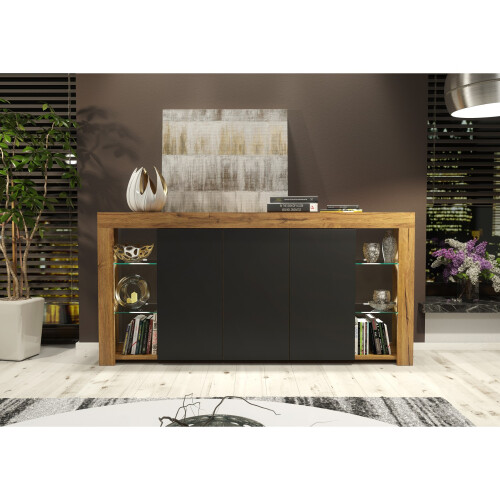 Creative Furniture Eden 164cm Sideboard LED - Oak & Black Matt Doors 1