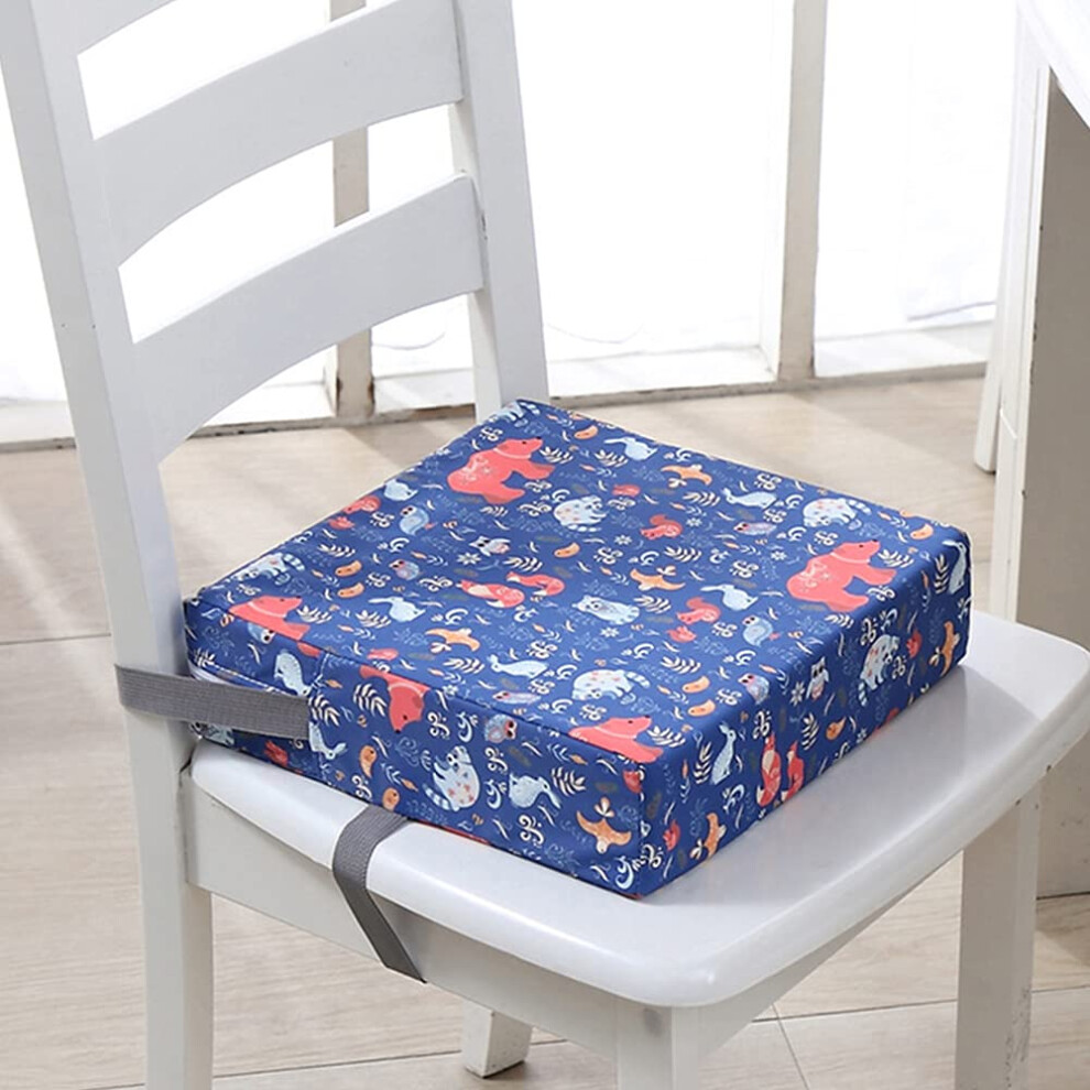 Baby Booster Seat Cushion Square Dismountable Heightening Pad, Washable Thick Highchair Cushion With Straps, Animal Blue
